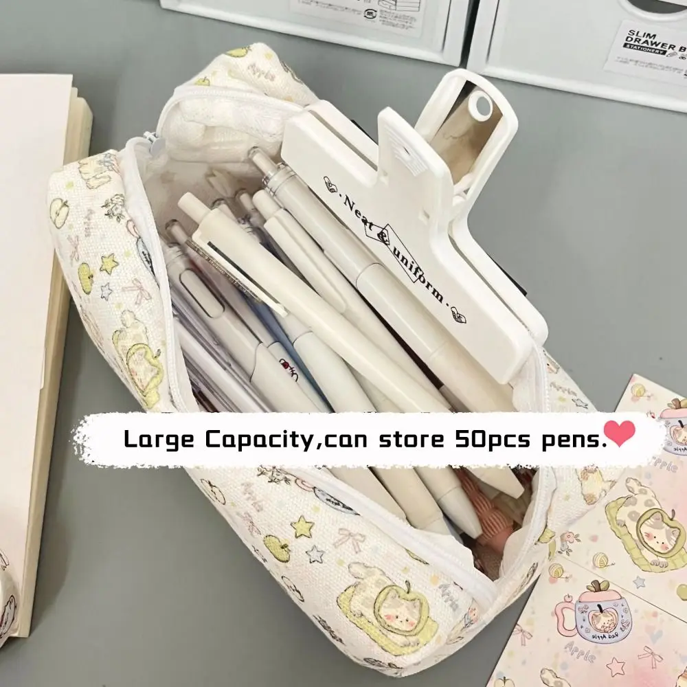 Portable Canvas Pen Bag Cat Printted Patterns Zipper Design Pencil Case Large Capacity Pencil Box School Office