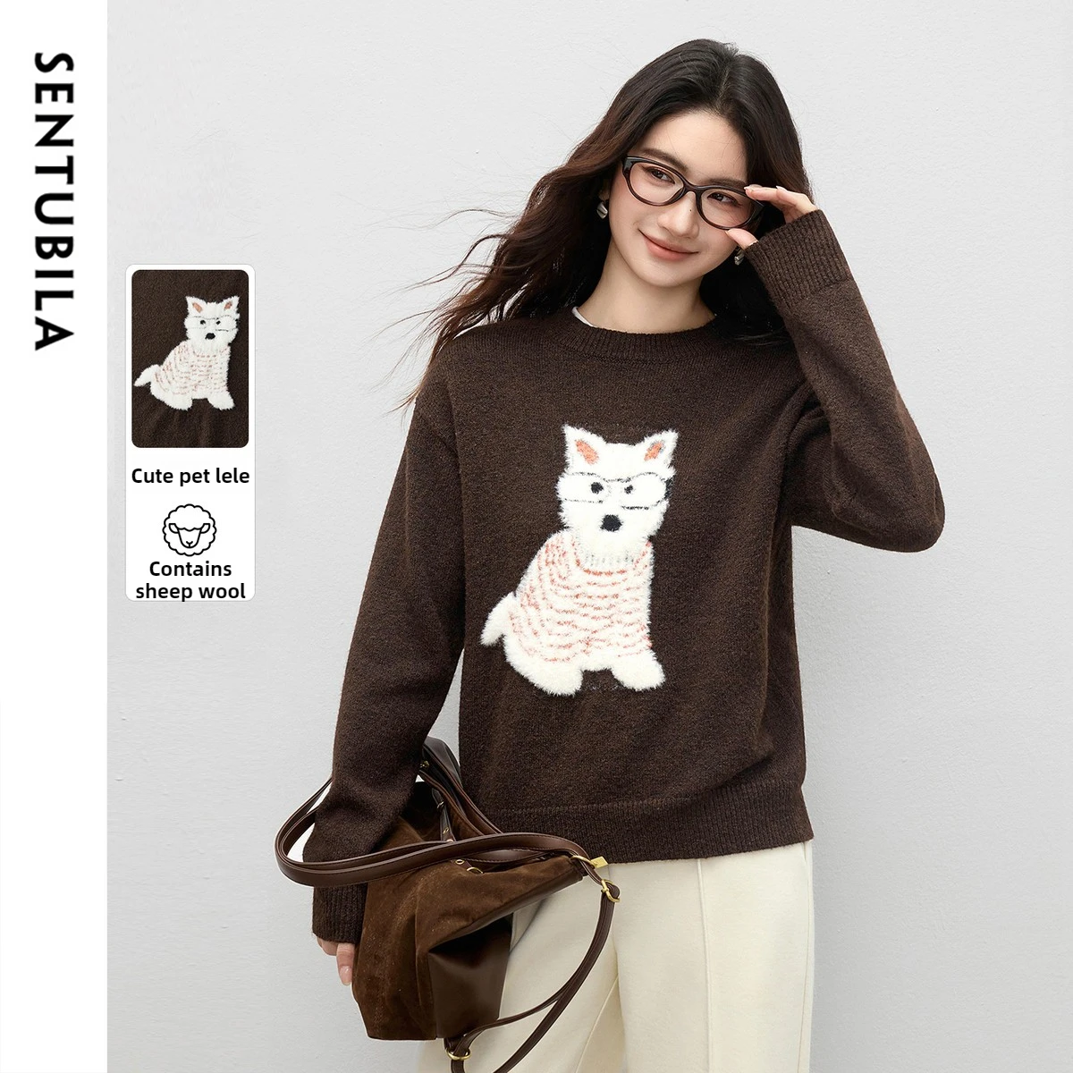 Sentubila pulôver feminino 2025 outono contraste cor cão jacquard o-pescoço camisola solta ajuste casual senhoras jumpers w54ee4236