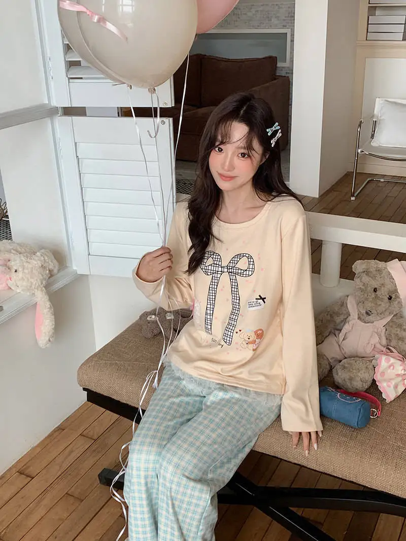 

Комплекты пижам для женщин: осенние, двухслойные, из хлопка, теплые, комфортные, для сна и дома, повседневная одежда для отдыха, классический стиль для офиса (OL)