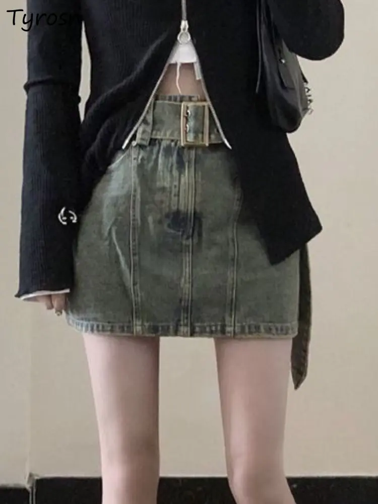 

Skirts Women Denim Retro Simple All-match American Style Solid Design Sexy Mini Casual A-line Elegant Summer High Waist Tender