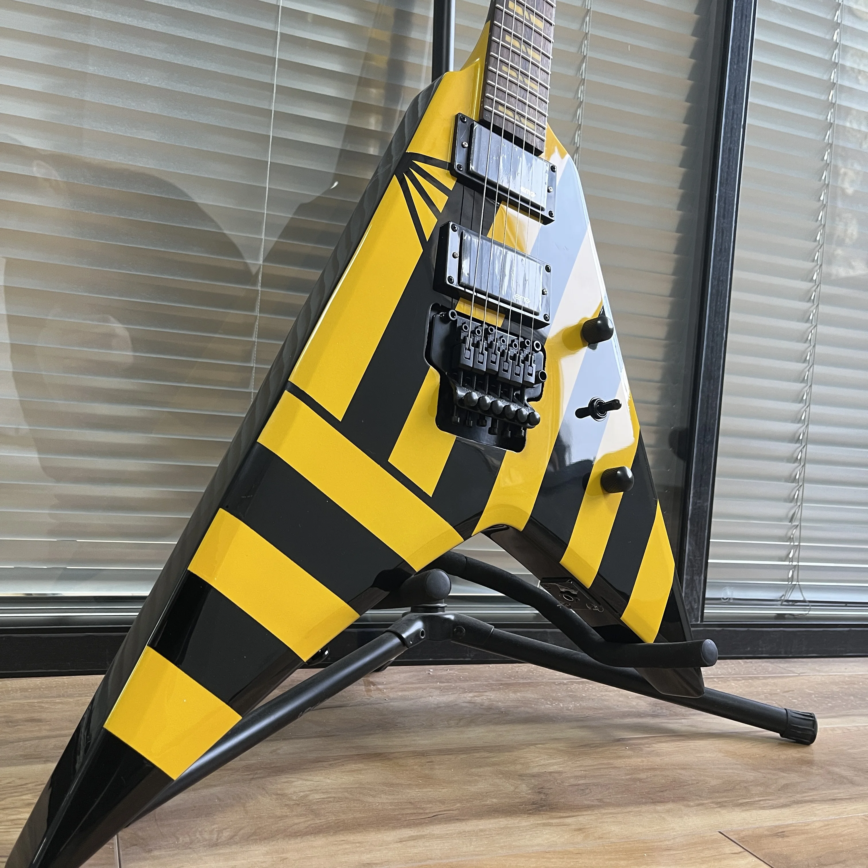 

2026 hot sell US Wylde Audio Viking V Electric Guitar Yellow & Black Stripe Floyd Rose Tremolo Free Shipping