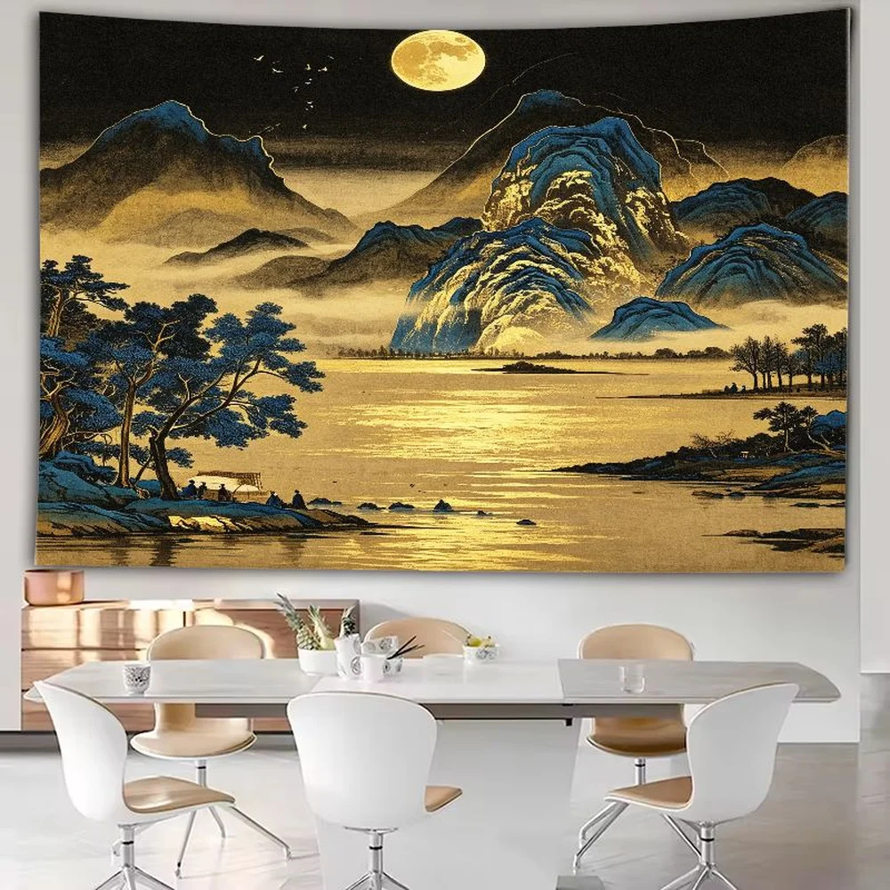 VIKAMA Fantasy Landscape Tapestry, Mountain Temple Clouds Turquoise Sea Asian Decor