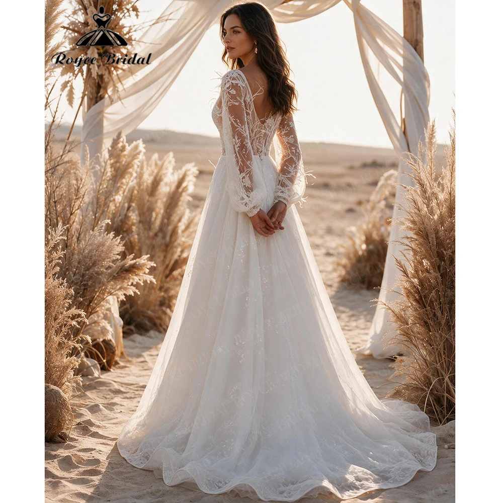 Roycebridal Deep V Neck Boho A Line Wedding Dresses 2027 Appliques Feathers Beach Bridal Gown Customized Vestido De Novia