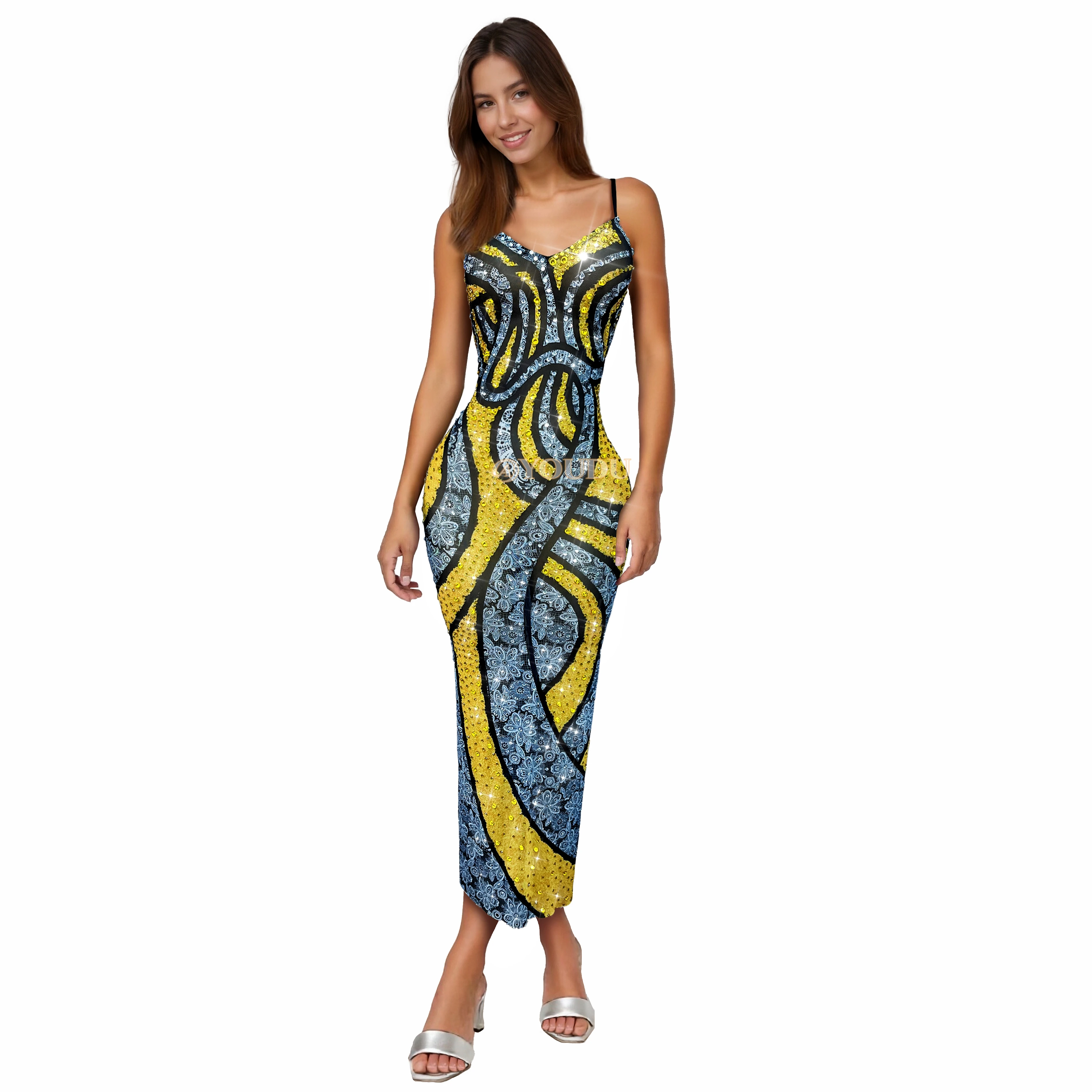 

Elegant Lace Partern Shining Rhinestones Trim fit Maxi Suspenders Dress Women Evening Party Gown Fashion show Outfit Huangleisi