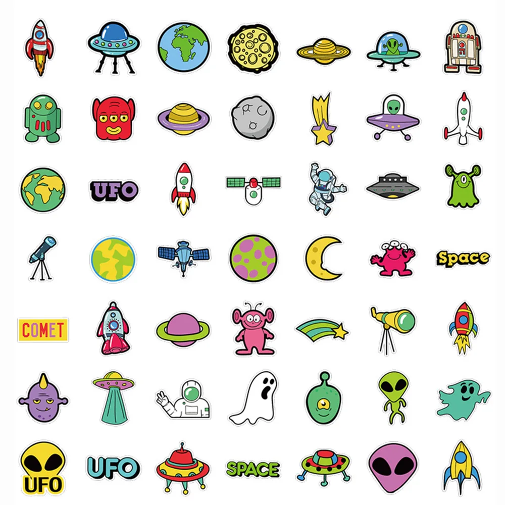 

10/30/50pcs Cartoon Alien UFO Spaceship Stickers Funny Creative Graffiti Sticker DIY Skateboard Luggage Phone Car Decals Packing