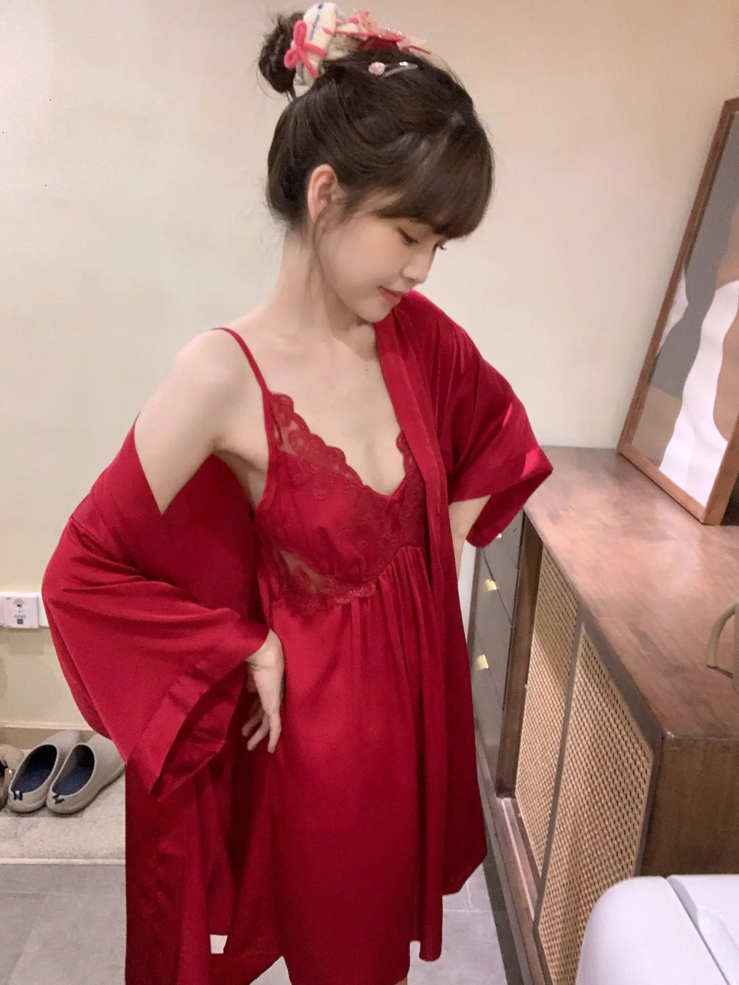 V-Neck Bride Bathrobe Gown Suit Women Kimono Robe Set Sexy Sleepwear Nightsuits Lace Hollow Out Nightgown Loungewear