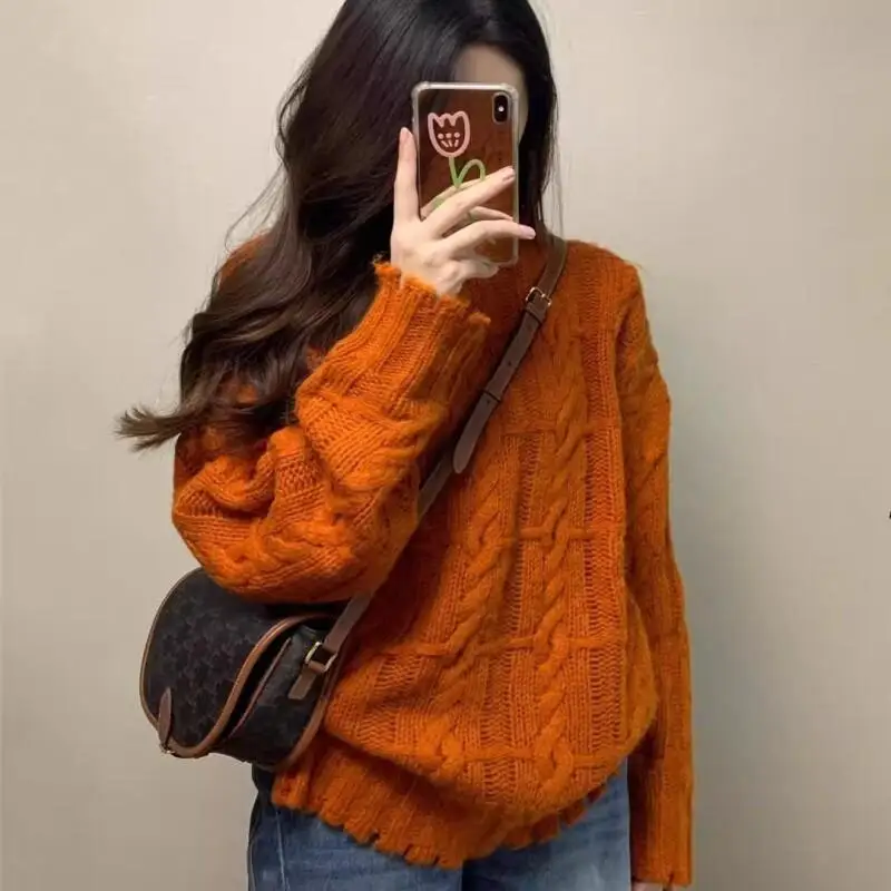 

French Retro Pumpkin Orange Twist Sweater Women's Autumn and Winter Outerwear Casual Soft Gentle Wind Lazy Knitted Tops Women