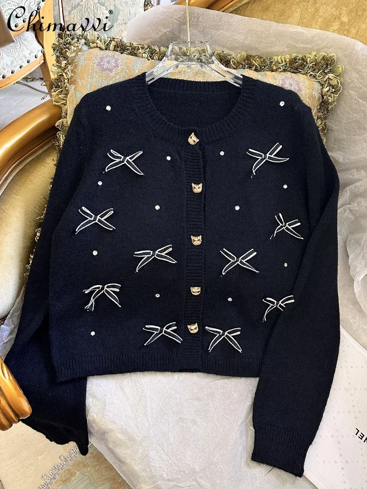 2024 Winter New Fashion Long-sleeved Knitted Sweater Sweet Girl Cute Christmas New Year Sweater Jacket Bow Nail Diamond Cardigan