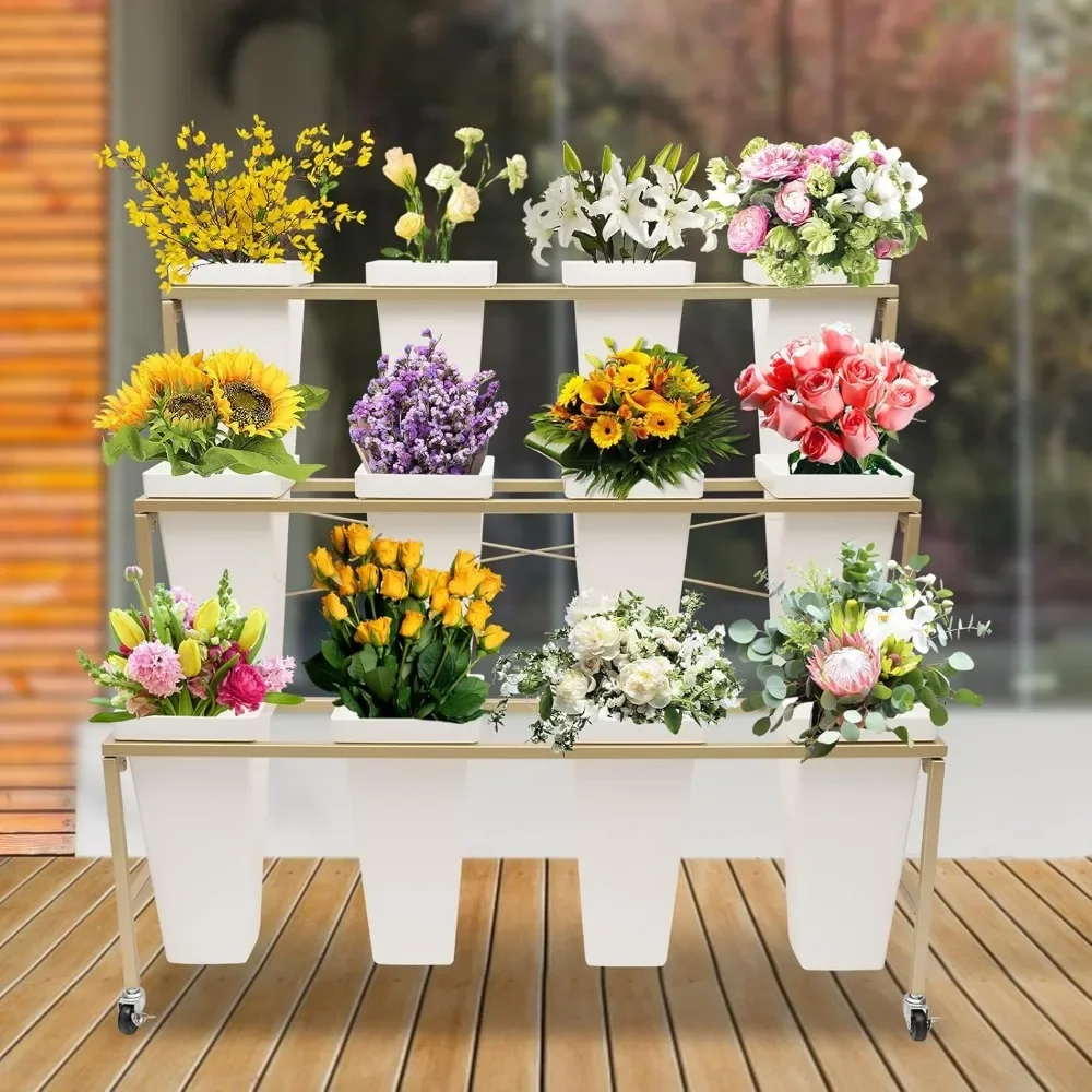 

3 Layers Metal Plant Stand,Flower Display Stand with 12Pcs Buckets,Moving Florist Bouquet Shelf for Fresh Flower Shop