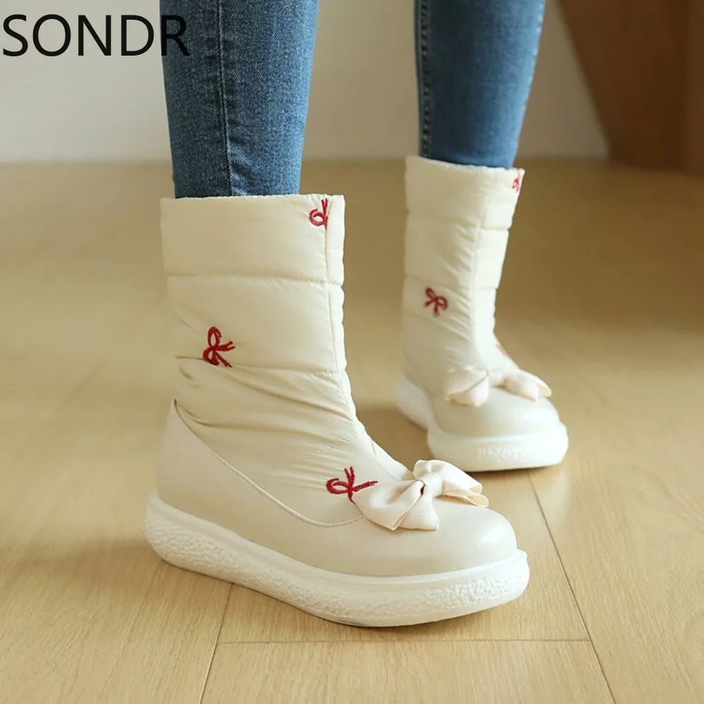

Женские ботильоны с бантом и бантом, теплые зимние ботинки с принтом и бантом на платформе для снежной погоды, милая обувь в стиле "Лолита", толстые женские ботинки с круглым носком