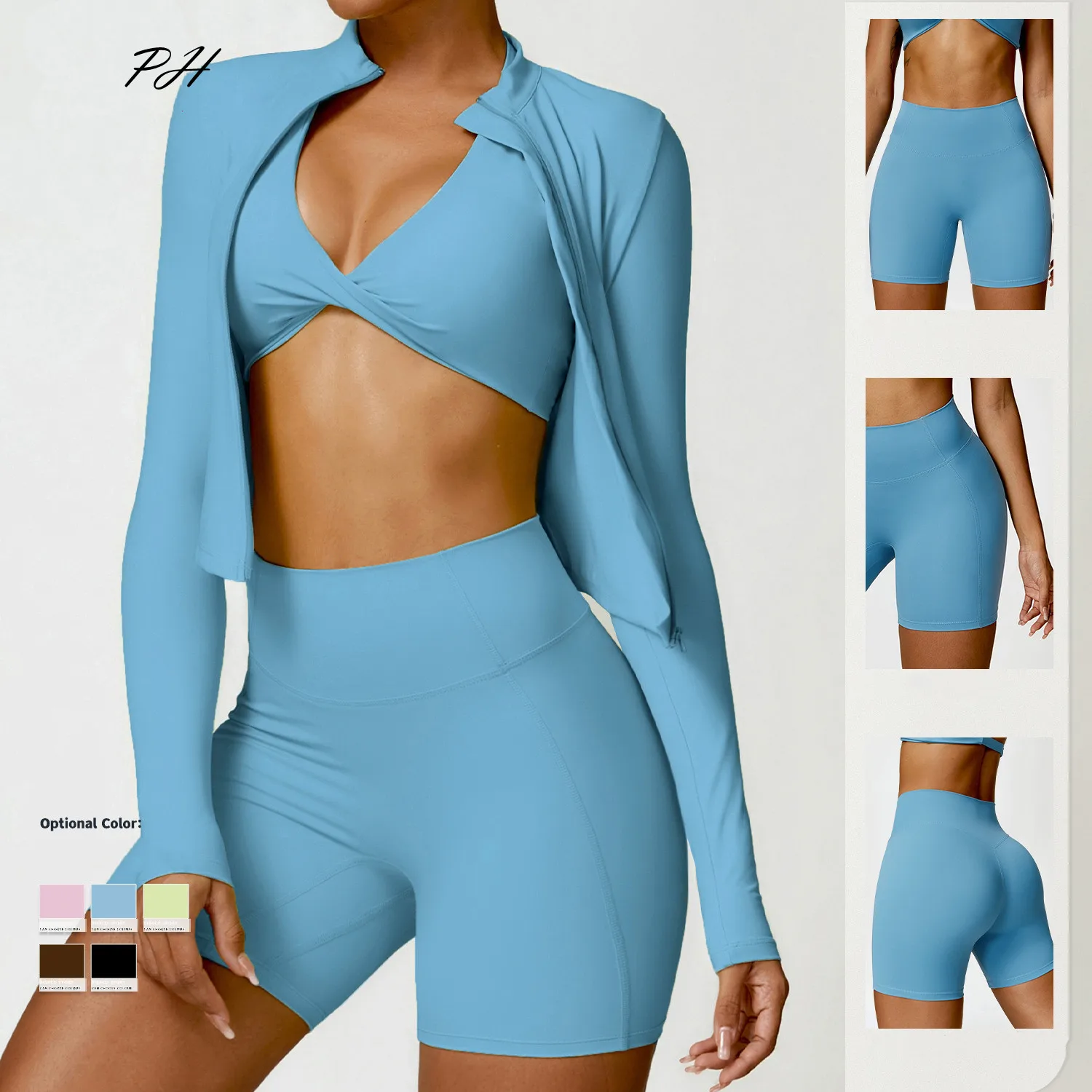 Long Sleeves Sport Yoga Suit Nude Quick Dry Zipper Sport Coat Shorts Suit Women Set Outfit Fitness Running Tight Sportswear