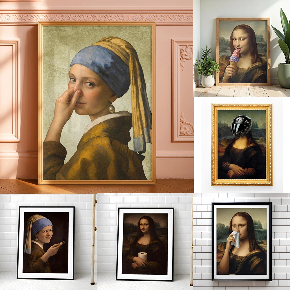 Mona Lisa Gold Defaced Altered Art Poster Funny Mona Lisa Art Print Parody Renaissance Pop Art Poster Classic Canvas Painting