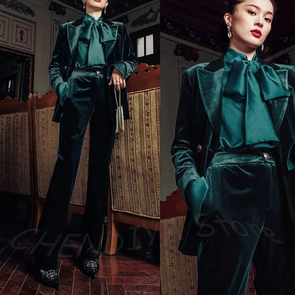 

Luxury Velvet Women's Pant Suits Peaked Lapel Classic Design Business Casual Formal Work Suit Daily Casual Outfit Two Pieces