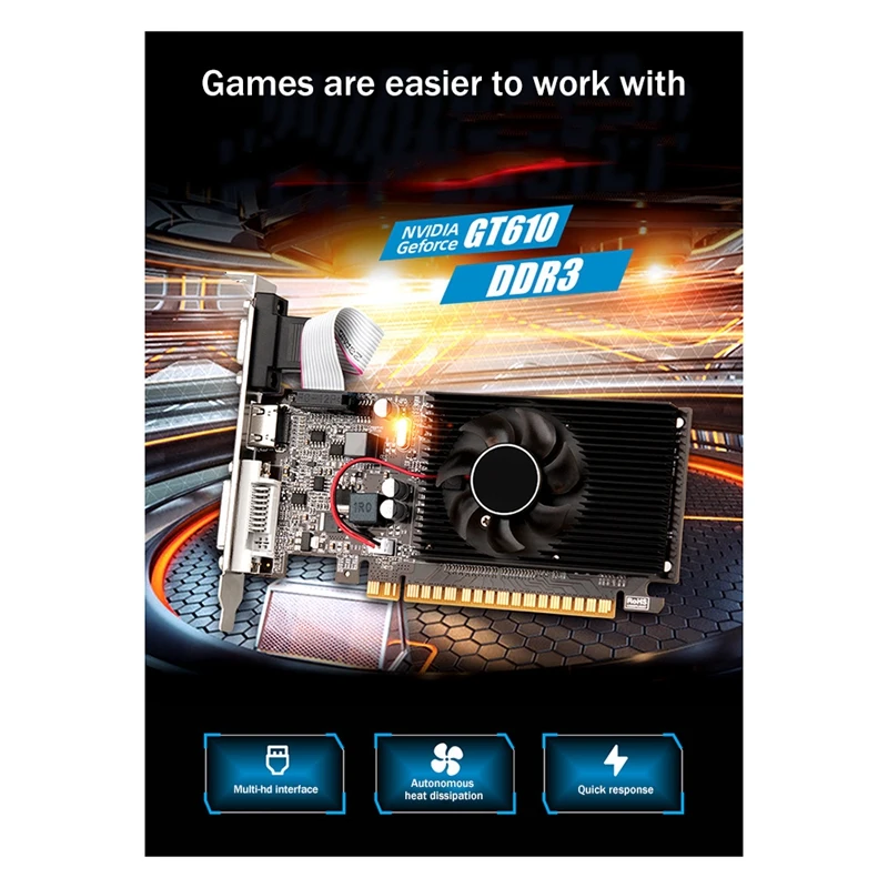 Desktop Graphics Card Graphics Card GT610 1GB DDR3 64Bit Video Card VGA+HD+DVI Desktop Office Game