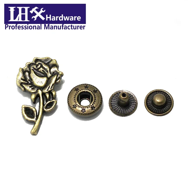 Rose DIY Handbag Cloth Crafts Accessories 10pcs/lot Vintage Bronze Color Zinc Alloy Snap Button Hardware I