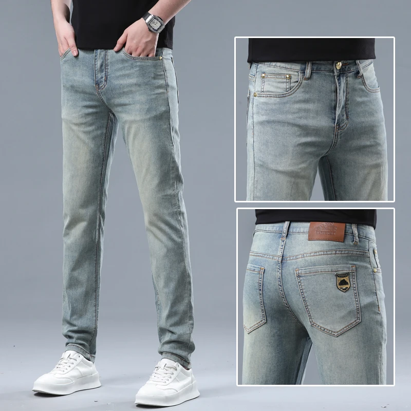 2024 Spring and Summer New Men's Slim-Fitting Small Straight Jeans Men's Stretch Slim Fit All-Match Street Trendy Casual Pants