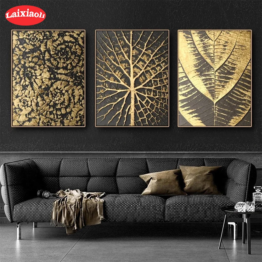 

Diamond Painting abstract golden leaves, golden tree Full Drill Square DIY Diamond Cross Stitch Mosaic round Home Decor3pcs