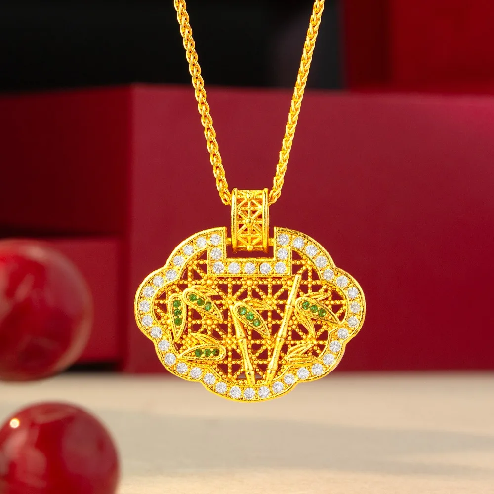 Hollow inlay gold branches jade leaves Ruyi pendant female retro senior sense 9999gold