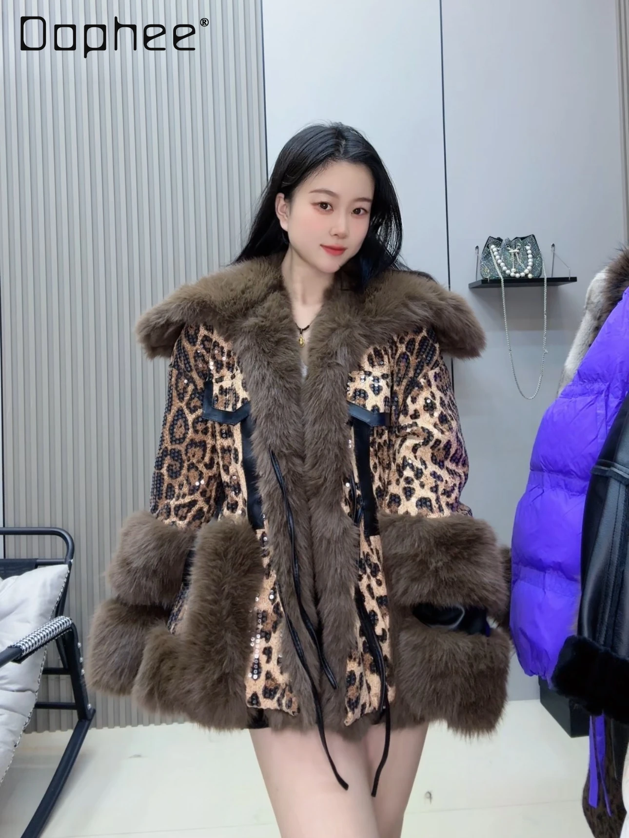 

Winter New Warm Coffee Color Faux Fur Coat Women Heavy Craft Leopard Print Sequin Socialite Style Mid-Length Elegant Jacket