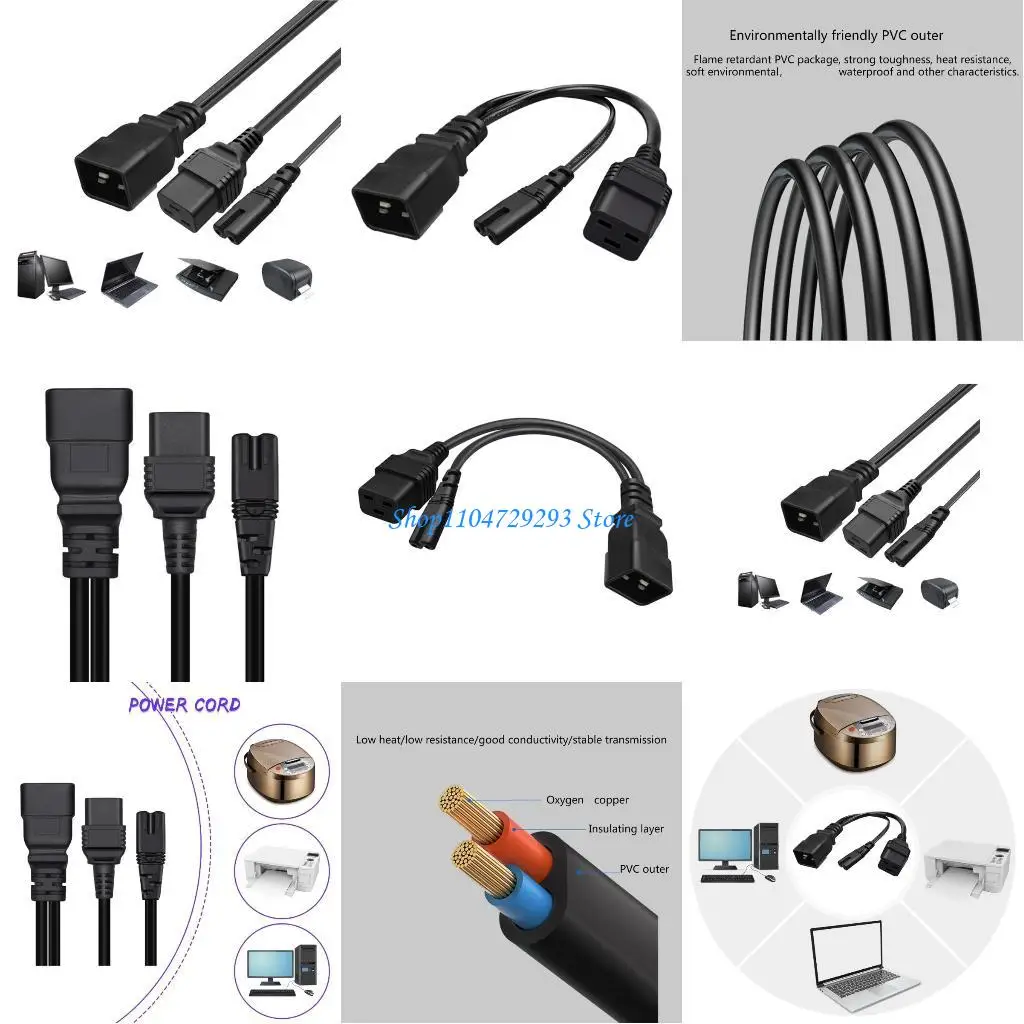 Y2GD Power Splitter Adapter Cable IEC320C20 to C19+C7 Two Outlet Plugs Conversion PVC Extension Cord Home Appliance