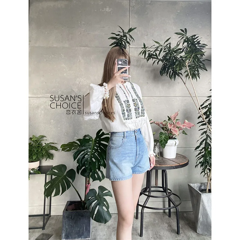 

Faionable n Sle Long Sve White irt Embroidered Linen Cotton Top by Lianeda SUSAN Summer Collection