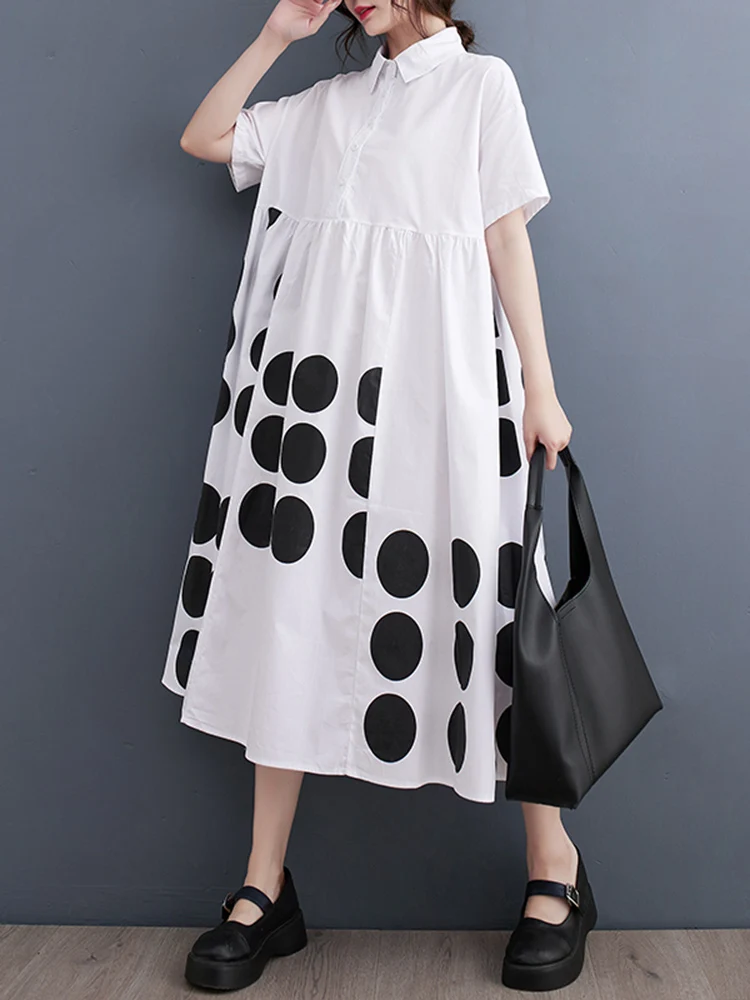 Black Vintage Polka Dot Shirt Dresses For Women Summer New In Short Sleeve Loose Casual Long Dress Fashion Elegant Clothes 2024