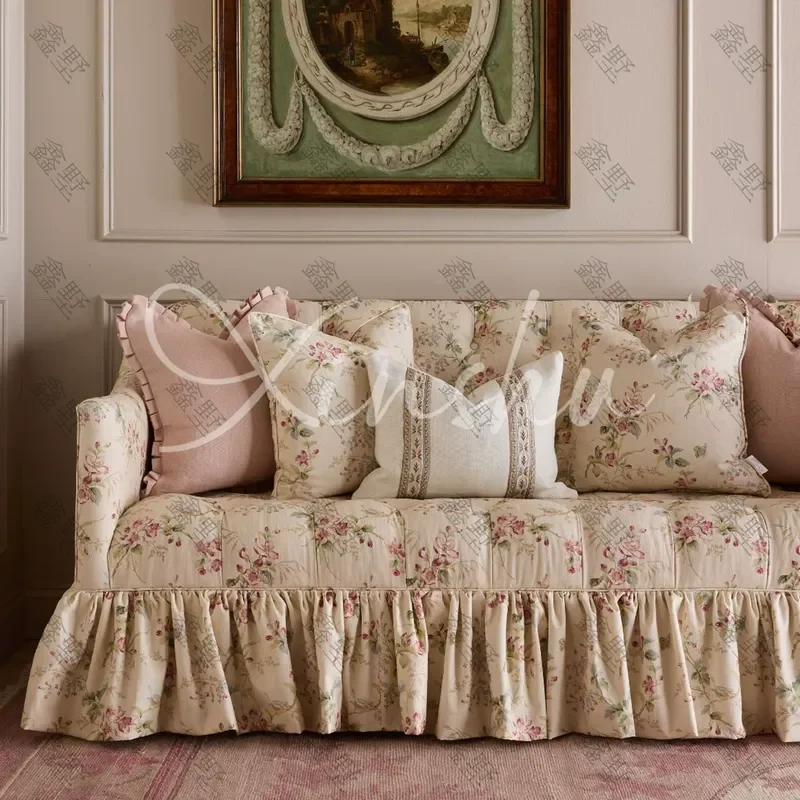 Retro High End Fabric Soft Sofa with Pleated Skirt Design Solid Wood Frame Straight Three Seater for Living Room