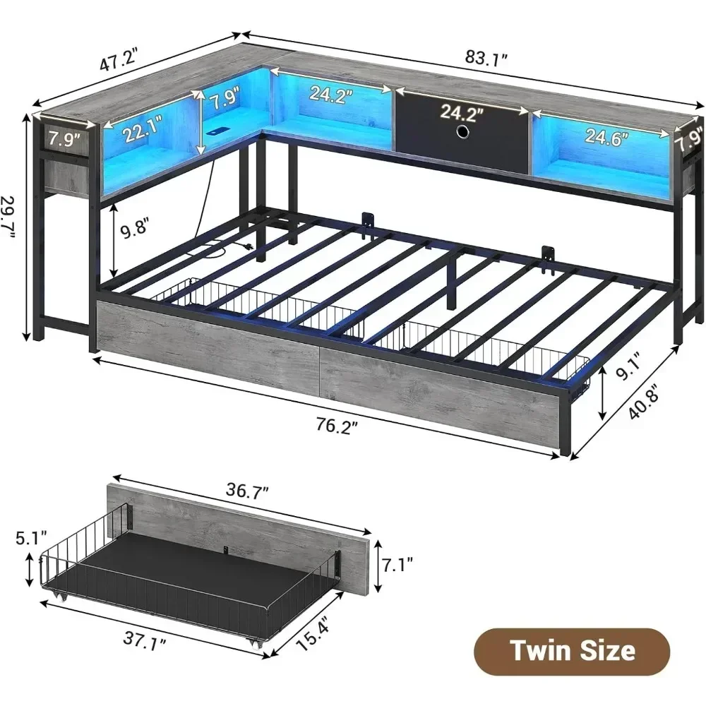 Corner Bed Frame Full Size with Bookcase and 2 Underbed Storage Drawers, Full Corner Bed with LED Light and Charging Station image 3