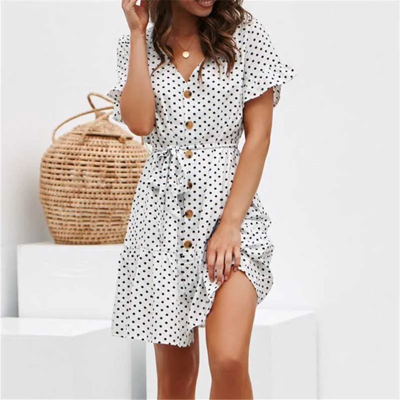 

Летний V-образный вырез в горошек с принтом Свободный пояс ort Sve Dr Faionable Street Sle Midi Dr Bell Sve Gored Hem