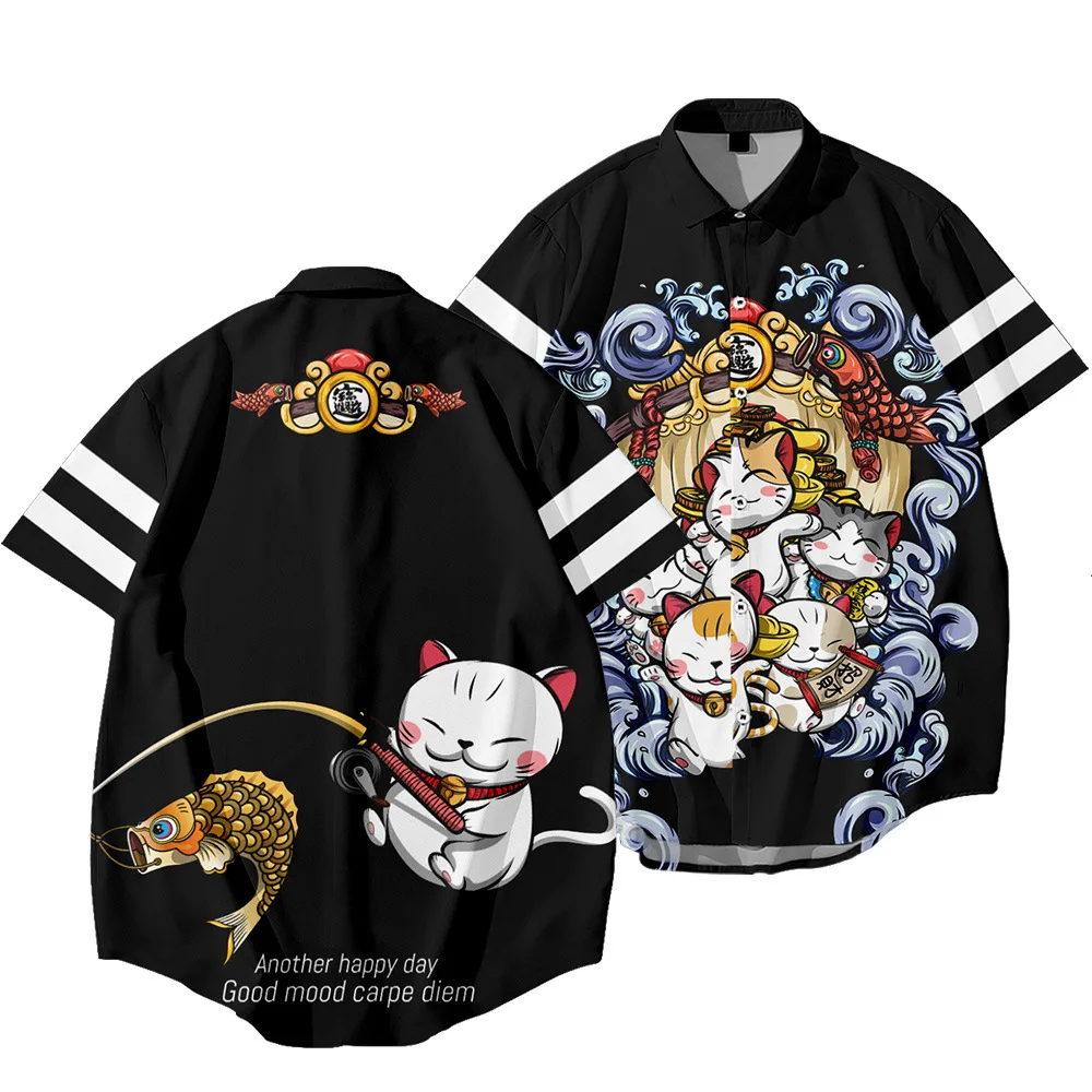 ​​2025 Men's Harajuku Dragon Tiger Shirt Black Ethnic Print Oversized Short Sleeve Hawaiian Streetwear​