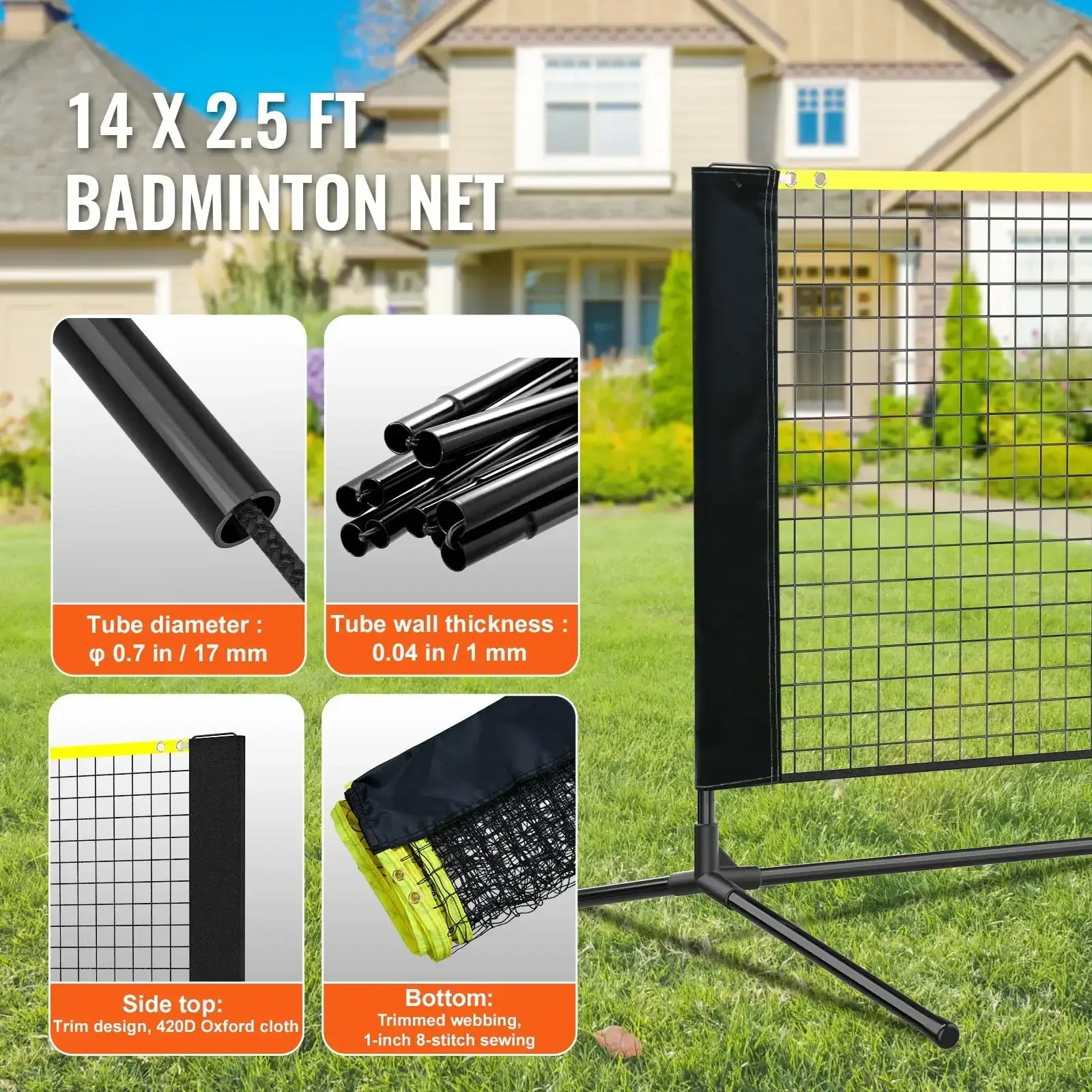 Badminton Net, Height Adjustable Volleyball Net, 14ft Wide Foldable Pickleball Net