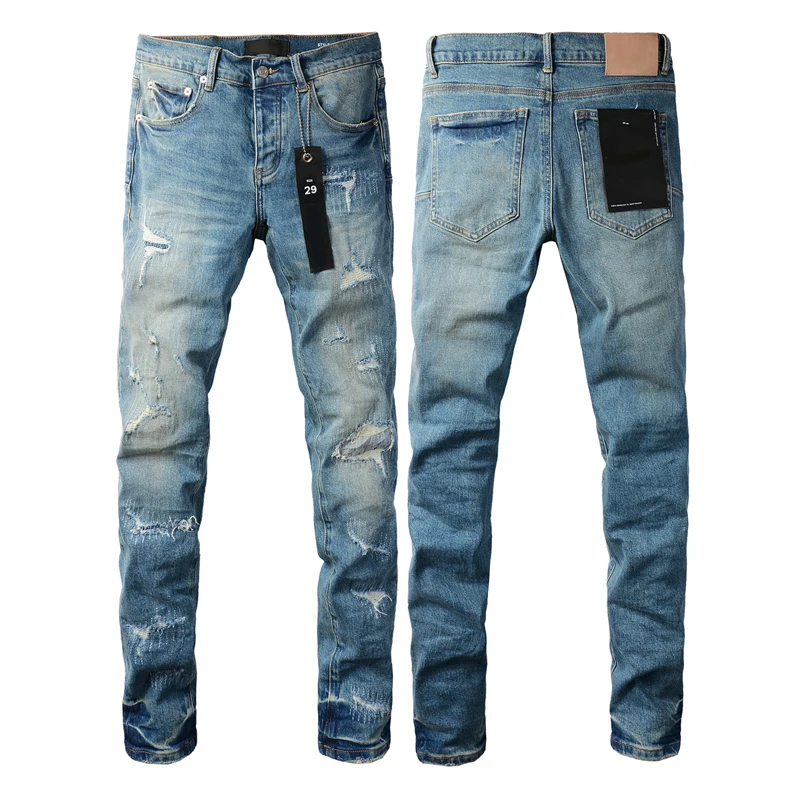 Top quality Purples jeans man American blue high street Retro style Hole Patch Repair Low Raise Elastic Skinny Denim pants