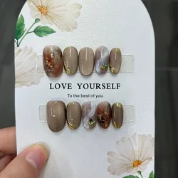 Handmade Acrylic Press on Nails Short Oval Self-adhesive Press Nails Girls Brown Cat Eye False Nails Woman with Box and Tools