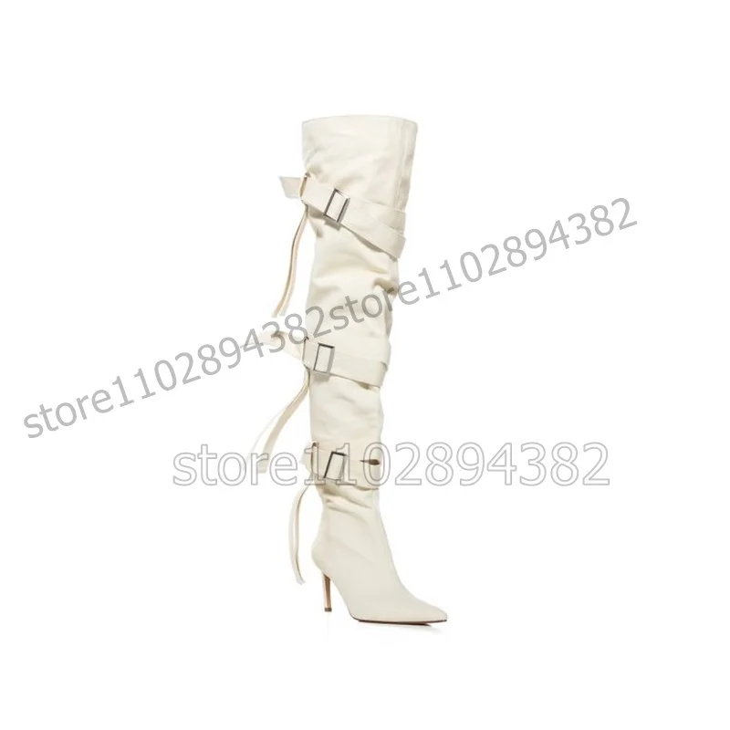 Green White Belt Fastener Decor Pointed Toe Boots Side Zipper Women Shoes Thin High Heels Novel Fashion 2023 Zapatos Para Mujere