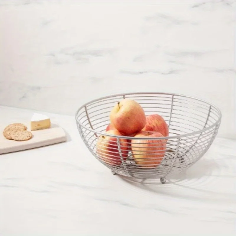 سلة فواكه من النيكل - رف مطبخ فولاذي مصنوع يدويًا، حامل فواكه فضي قائم بذاته
