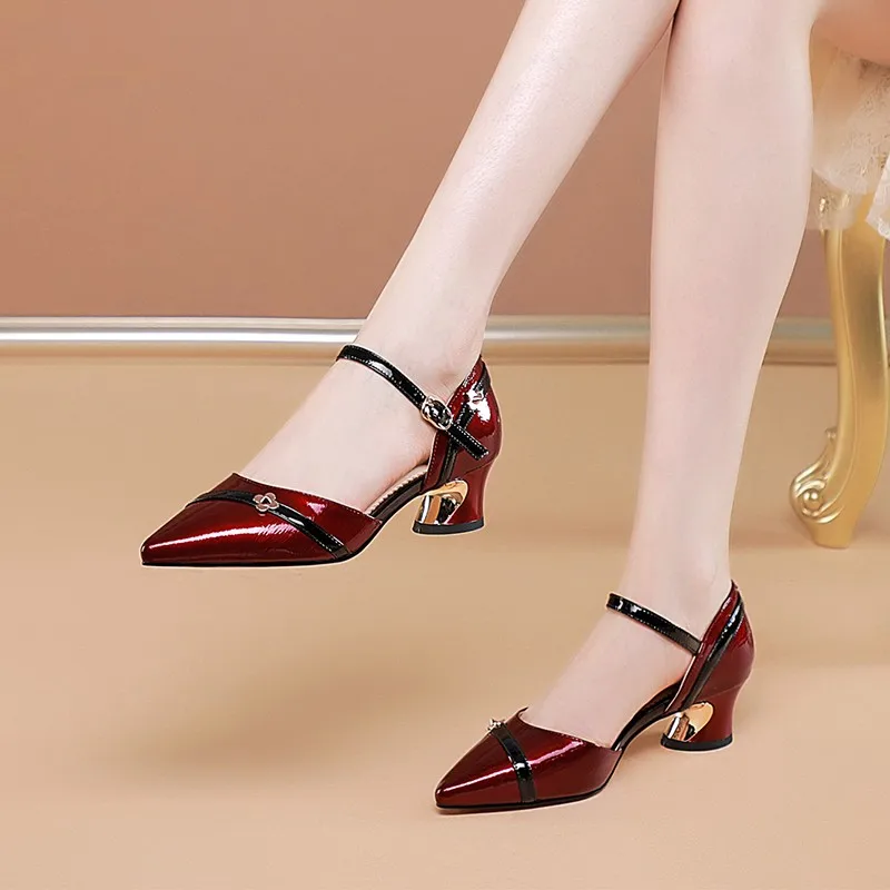 Sapatos de salto grosso e boca rasa versão coreana para mulheres, sapato de salto médio, dedo quadrado elegante, primavera e verão