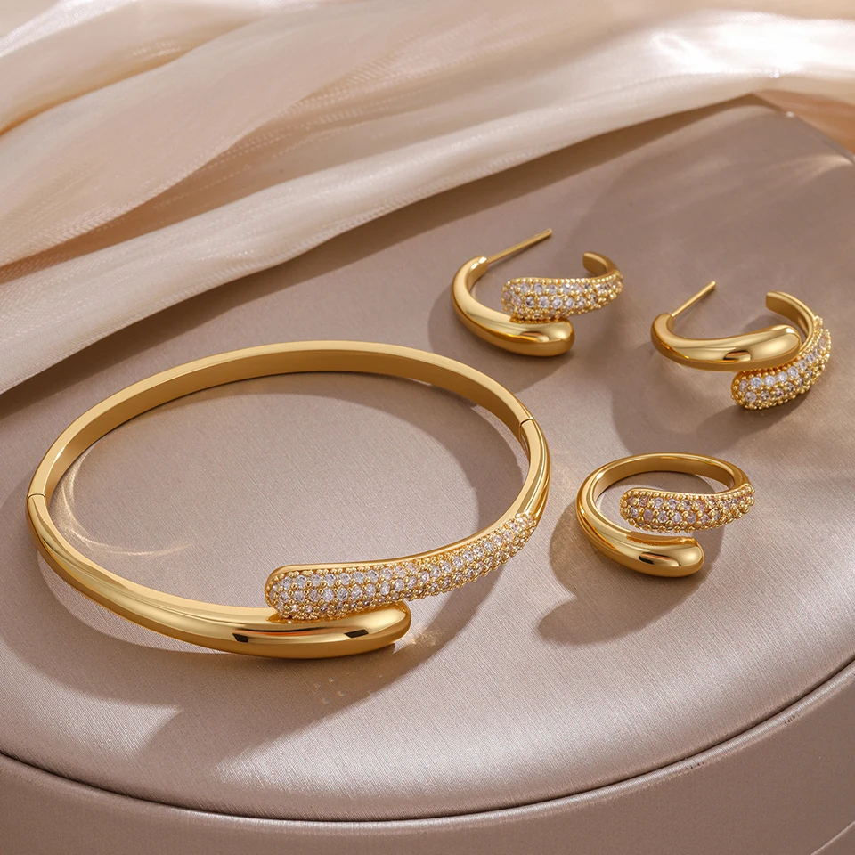 ZAKOL 3 قطعة/المجموعة مايكرو مطعمة الزركون قطرة الماء سوار مفتوح حلقة طقم من الحلقان للنساء مجموعات مجوهرات الزفاف الفاخرة