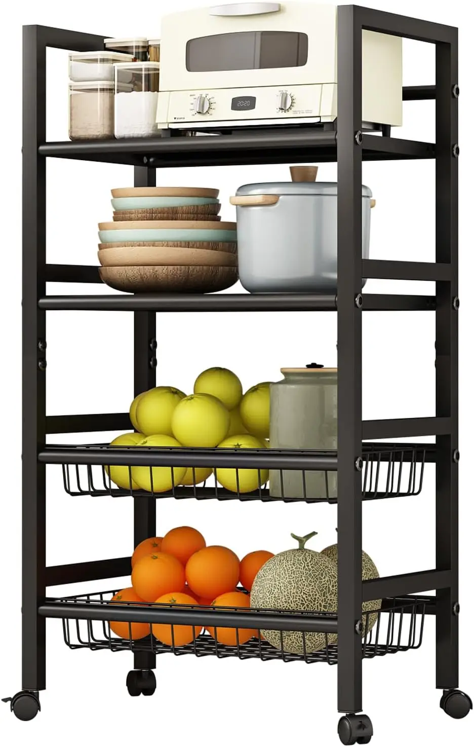 

4-Tier Metal Rolling Cart with Removable Grid Shelves, Lockable Wheels & Handle for Kitchen, Bathroom, Office Storage, Black