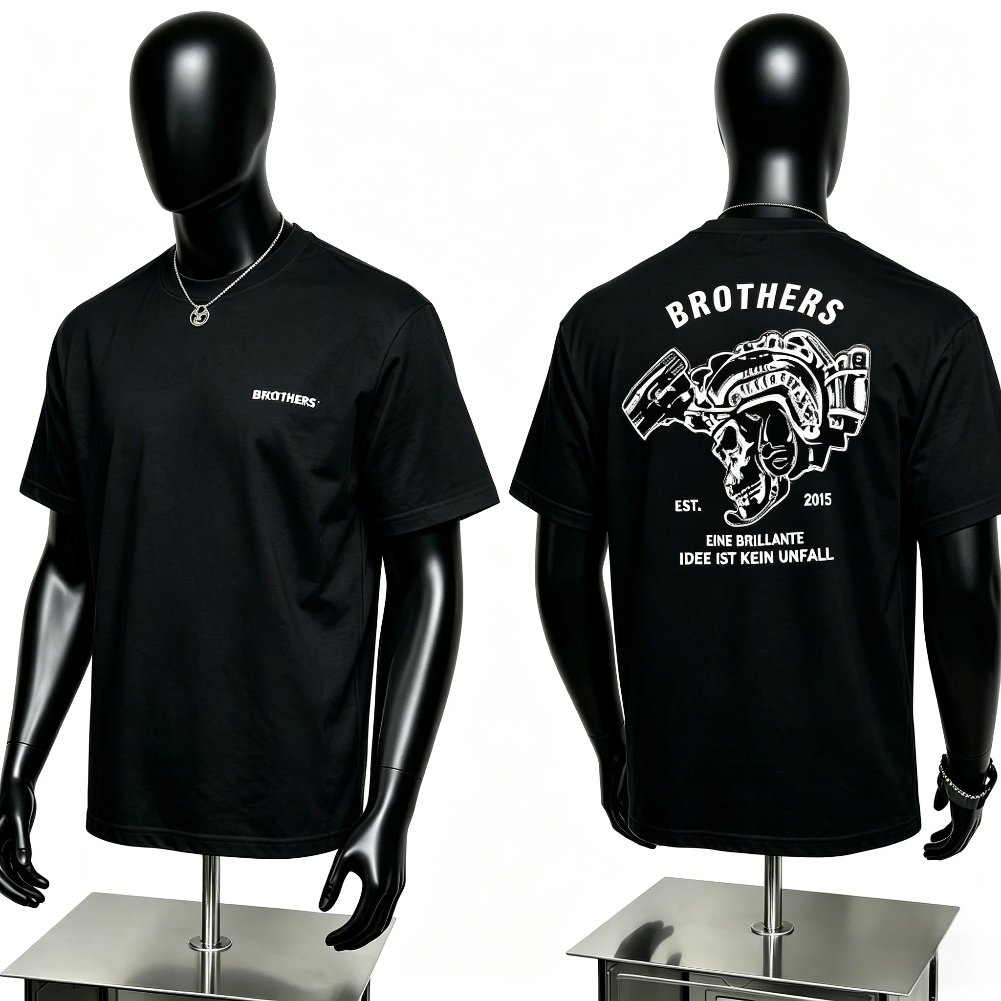 Biker Skull T Shirt BROTHERS Print Tee, German Quote A Brilliant Idea Is No Accident, Bold Graphic Top for Men Women