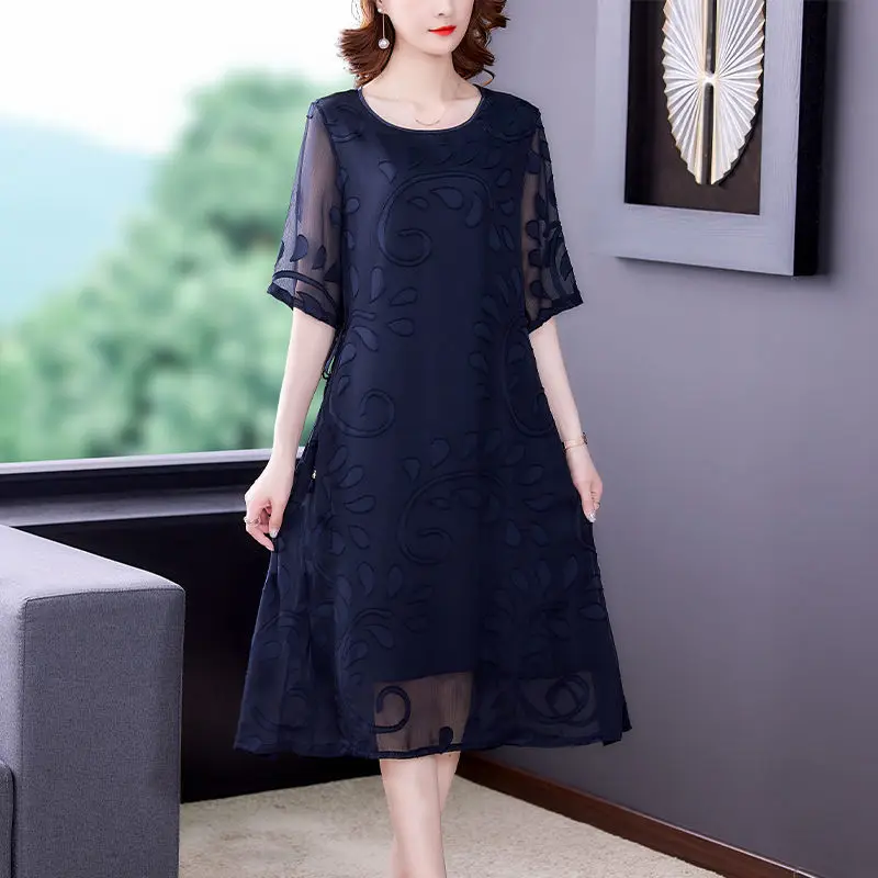 Elegant Vintage Women Embroidery Midi Dress Summer Half Sleeve Big Size Chiffon Dresses Fashion Casual Female Loose Sundress 5XL