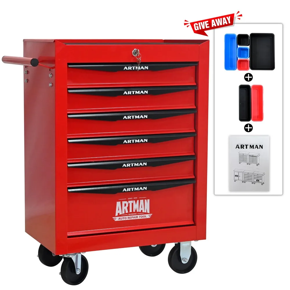 صندوق أدوات 20 بوصة، صندوق أدوات دوار مع 6 أدراج محمل كروي ناعم، خزانة تخزين فولاذية شديدة التحمل باللون الأحمر