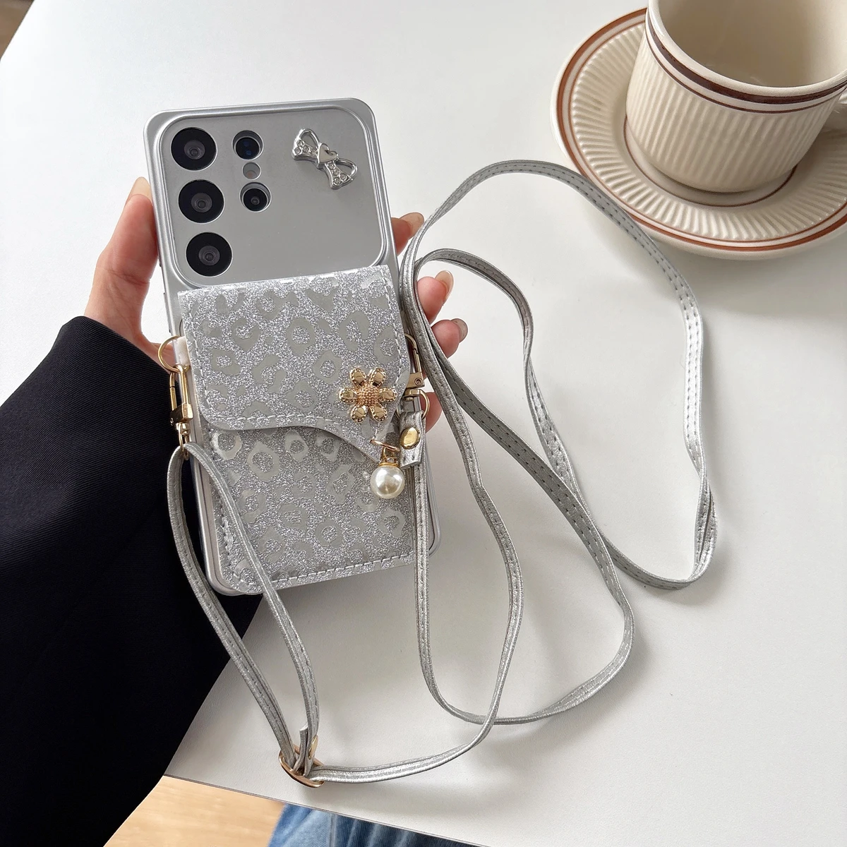 Silver Leopard Card Wallet Strap Phone Case For Samsung Galaxy A11 A31 A51 A71 4G A10 A20 A30 A50 A10S A20S A30S A21S A52S Cover