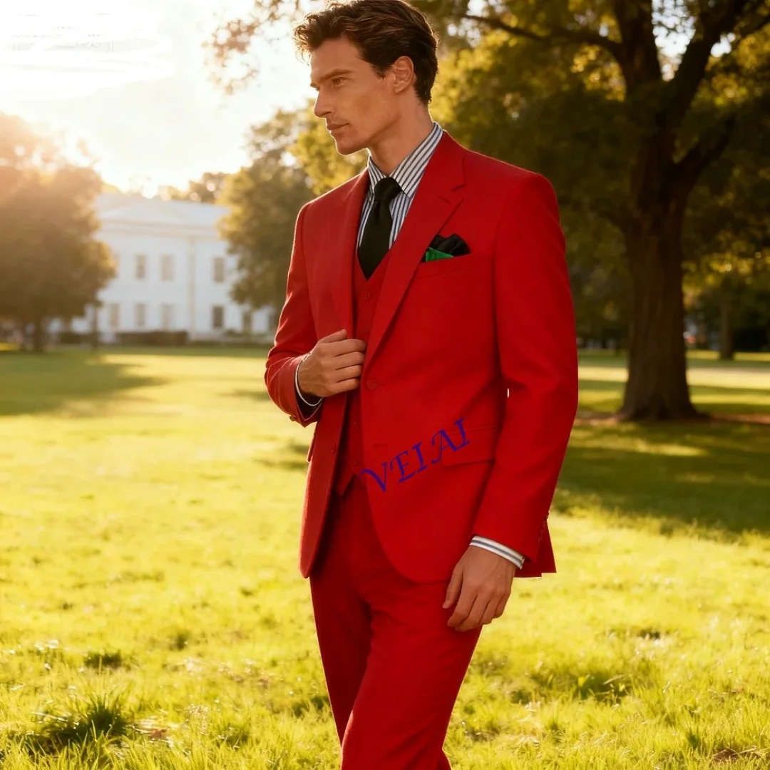 Мужской 3-х предметный однотонный белый смокинг с лацканами и карманом на день рождения, свадьбу, офисная рабочая куртка