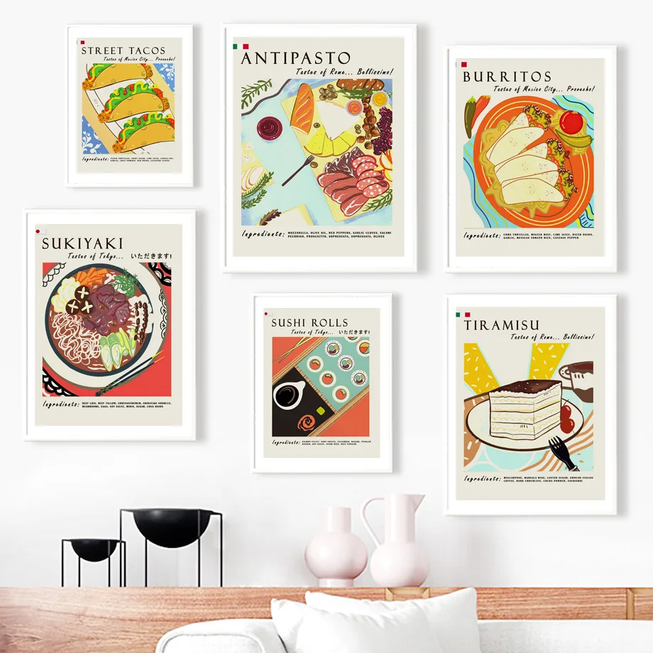 Antipasto Sushi Tacos Burritos Paella Sukiyaki Wall Art Canvas Painting Nordic Poster And Prints Wall Pictures For Kitchen Decor