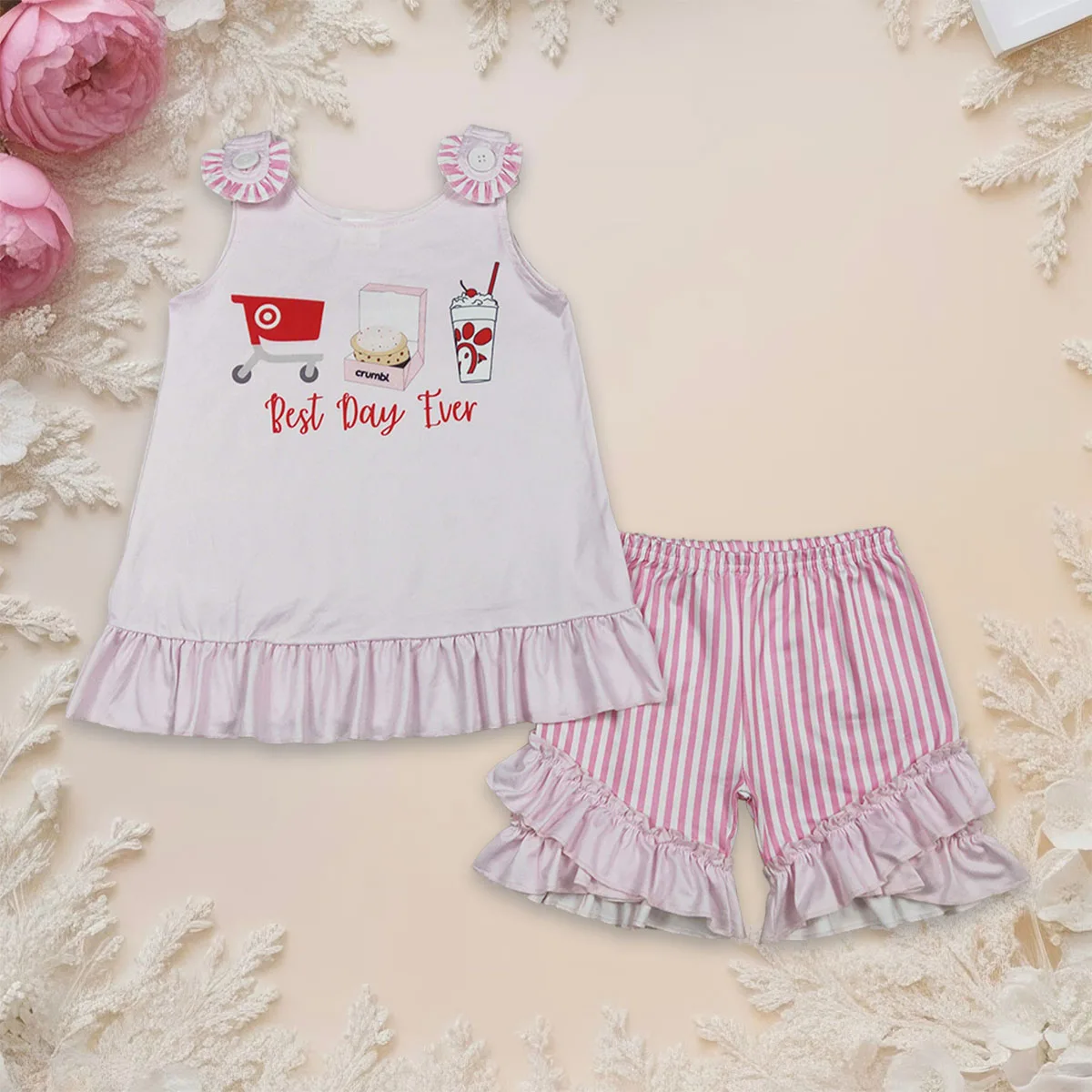 Baby Girl Sleeveless Chicken Tunic Tops Clothes Kids Set Stripe Ruffle Shorts Infant Toddler Children Clothing Outfit Wholesale