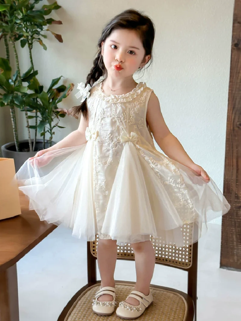Girls Butterfly Knot Dress Sweet Splice Net Princess Vest Skirt Children Trendy Polyester Fiber Gown Kids Clothing 2-8 Years