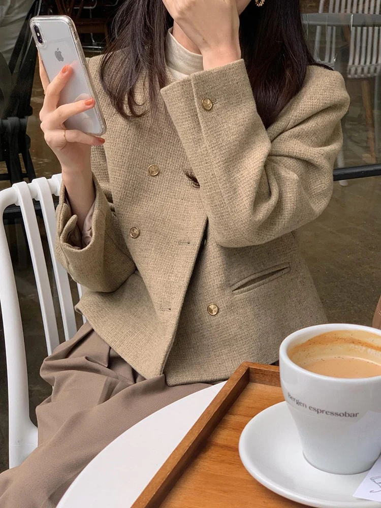 Dongda Gate Design Thiened ort Casual Coat round Ne Double Button Commute Women's Top Polyester Fiber Long Sve