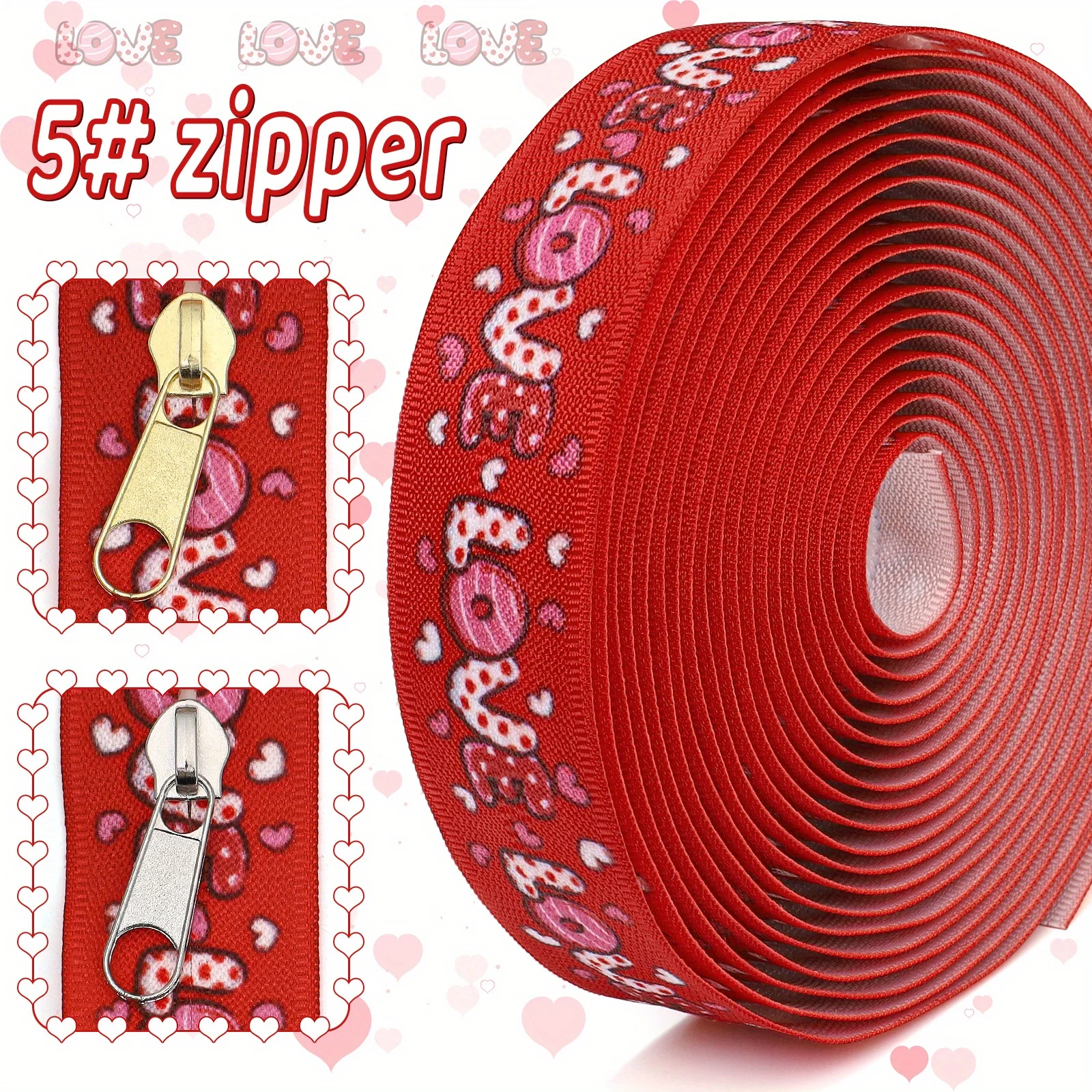 5 # rot bedruckter Nylon-Reißverschluss, kreativer Reißverschluss mit „LOVE“-Muster, unsichtbarer Reißverschluss