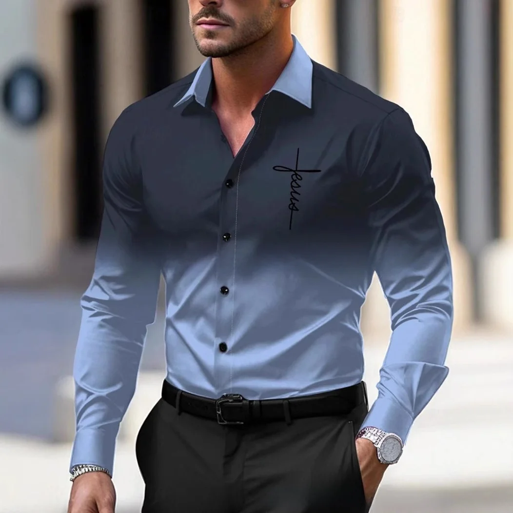 

Casual Adient Men's Long Sve Lapel irt 2025 New Breathable Fce Lined Printed Design for Spring Autumn Wear