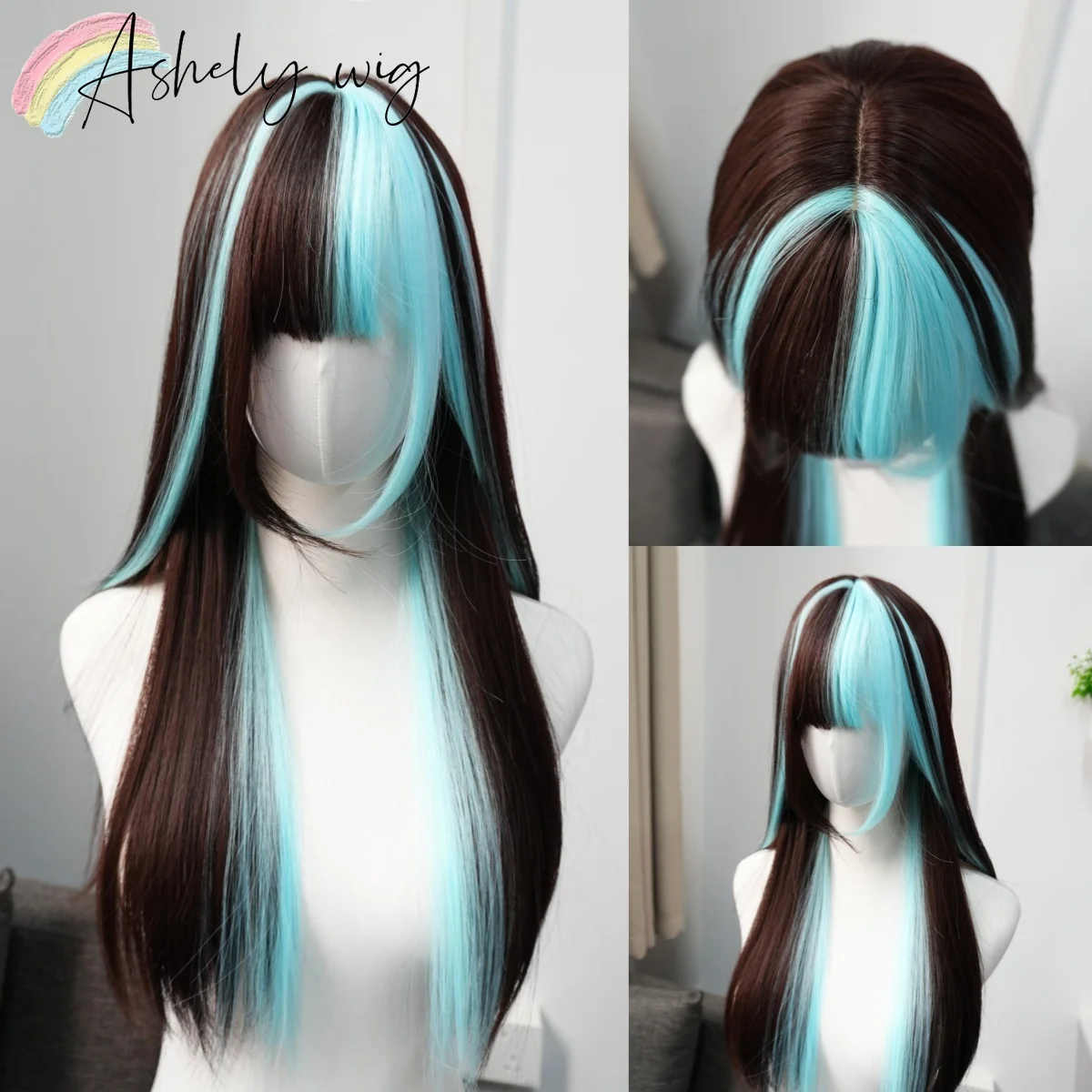 

Asheky Light Mint Wig with Bangs 26inch Straight Wigs High Temperature Fibers Synthetic Wig Cute Headband Wigs for Cosplay 가발